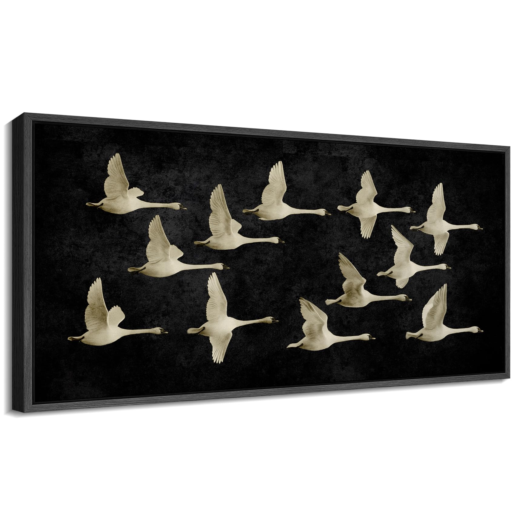 signford extra large framed canvas beige flying swans vintage illustrations modern art calm warm for living room, bedroom, office - 60"x30"