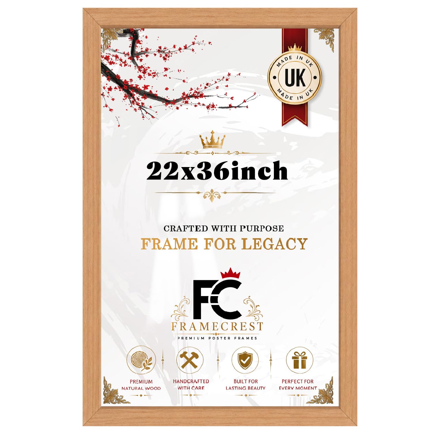 FRAMECREST Luxury Design MDF Poster Frame 22x36 Inches | Crystal Clear Perspex | Perfect for Large Posters, Photography & Artwork - [Beech]