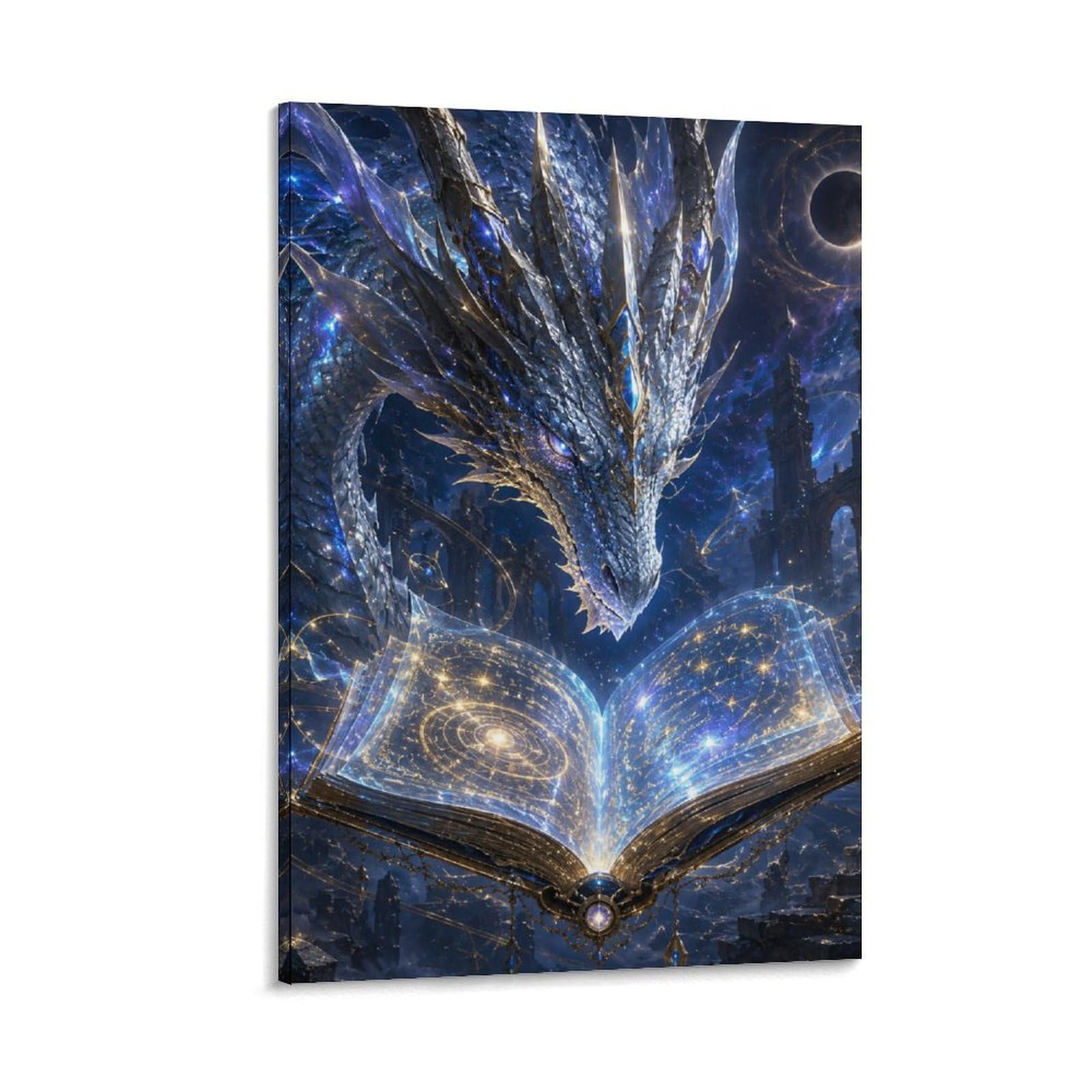 W7C8U2X3 Cosmic Dragon Magic Book Canvas Wall Art, Mythical Dragon Wall Art