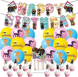 Comprar GVMJHYK 32pcs Decoración Fiesta Cumpleaños Perro Salchicha con Banner Feliz Cumpleaños, Globos, Topper de Tarta y Toppers para Cupcakes Set para Fiestas Infantiles, Escuela, Fotos