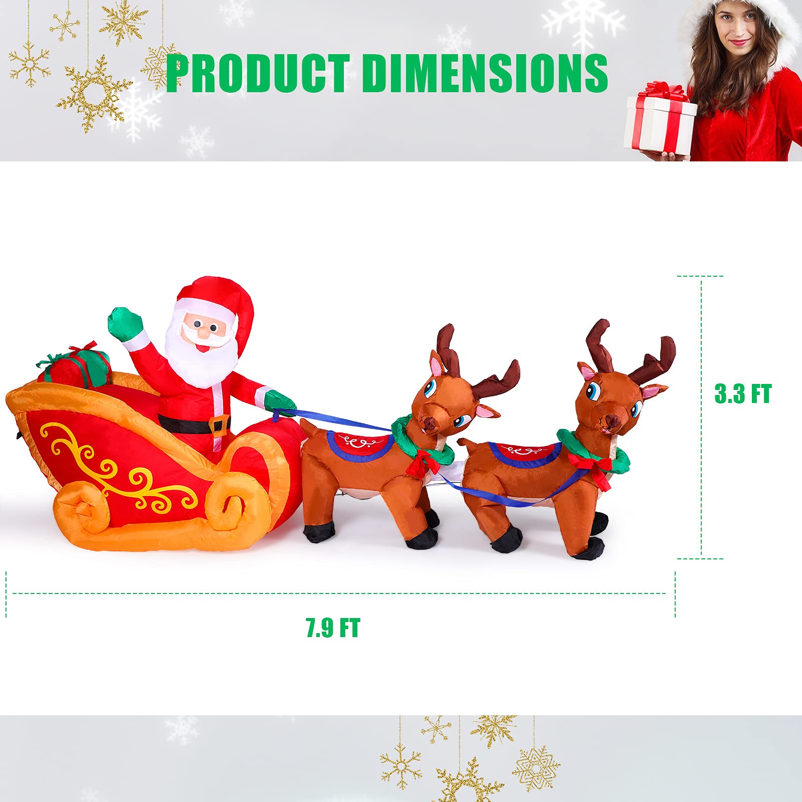 7.9 Feet Inflatable Christmas Decorations Xmas Blow up Yard Decorations Christmas Inflatables Santa and Reindeer Santa Sleigh Inflatables Outdoor Decorations for Holiday Supplies ()