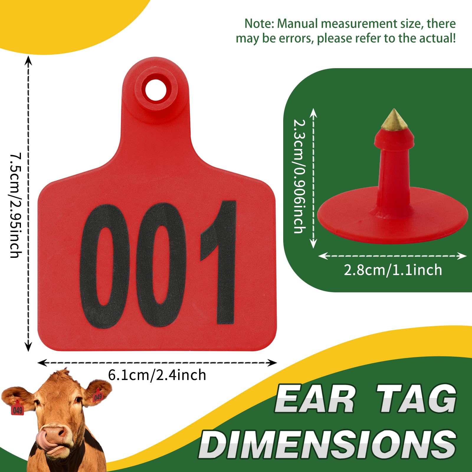 100PCS Cattle Ear Tags Numbered 001-100,Plastic Livestock Ear Tags with Animal Identification Tags for Cattle Cows Hogs Pigs Sheep Goats (RED)