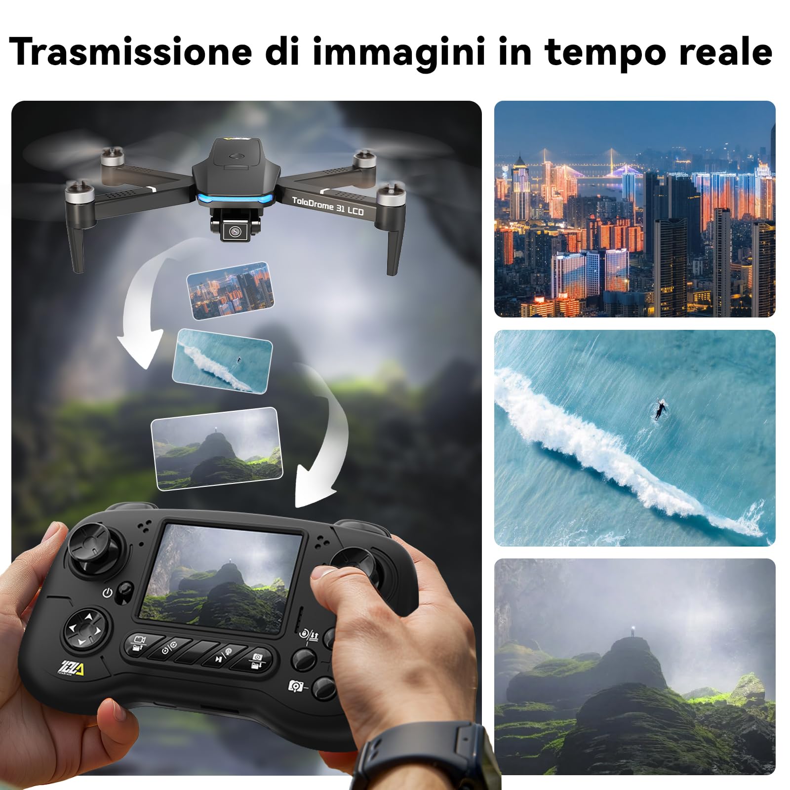 Toladrone Drone con Telecamera Schermo LCD Trasmissione Digitale Delle Immagini Telecomando Motore Brushless FPV Droni Professionali per Adulti Quadcopter RC TD31LCD