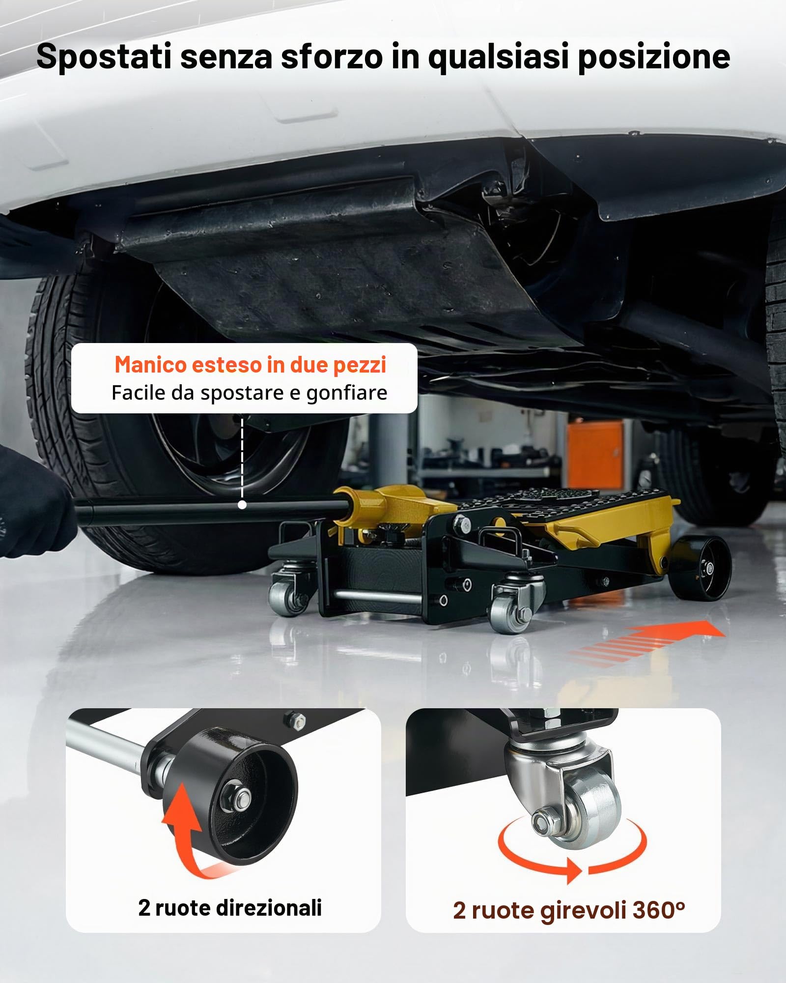 VEVOR Cric Idraulico a Carrello 2 Tonnellate in Acciaio, Cric Idraulico da Pavimento a Basso Profilo, a Pistone Singolo con Ruote, Altezza di Sollevamento 150-435 mm, Multiuso per Auto, Moto, Quad