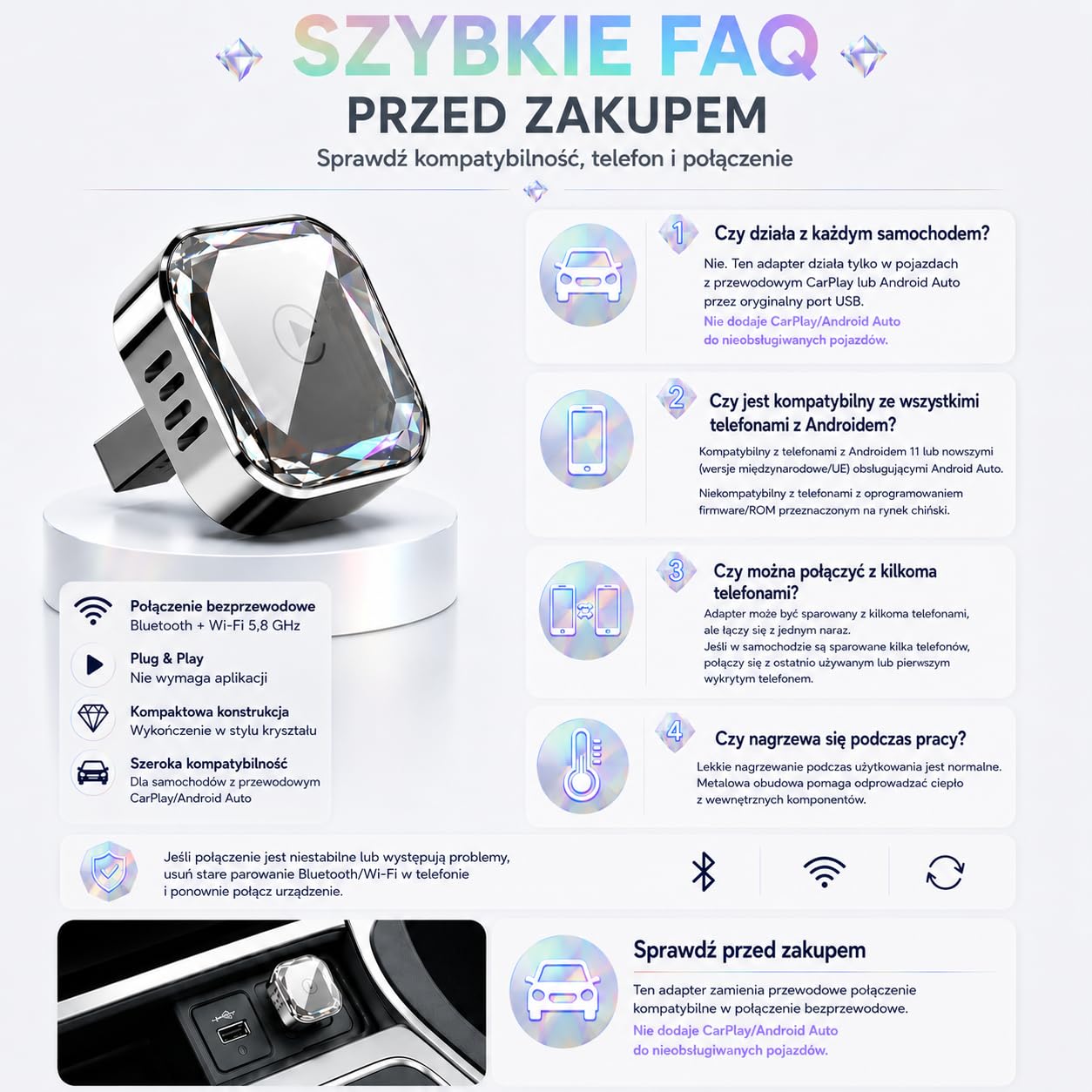 Bezprzewodowy Adapter CarPlay i Android Auto 2 w 1, Plug & Play USB-A/USB-C, 5.8GHz WiFi, OTA, kompaktowy metalowy adapter do samochodów z przewodowym CarPlay/Android Auto