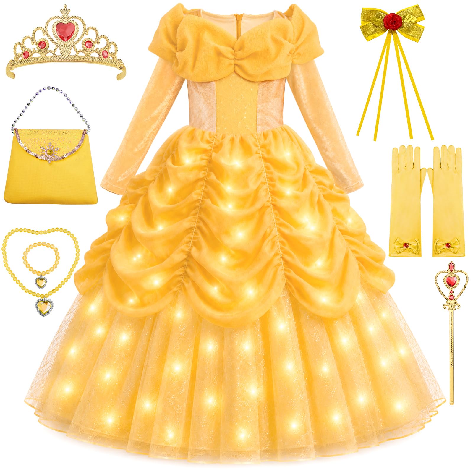 Davvew Prinzessin Kleid Mädchen, Leuchtendes Prinzessin Kleid, 8 Pcs Gelbes Kleid Mit Inklusive Handtasche, Schleife, Halskette, Armband, Handschuhe, Krone, Zauberstab für Halloween Geburtstag