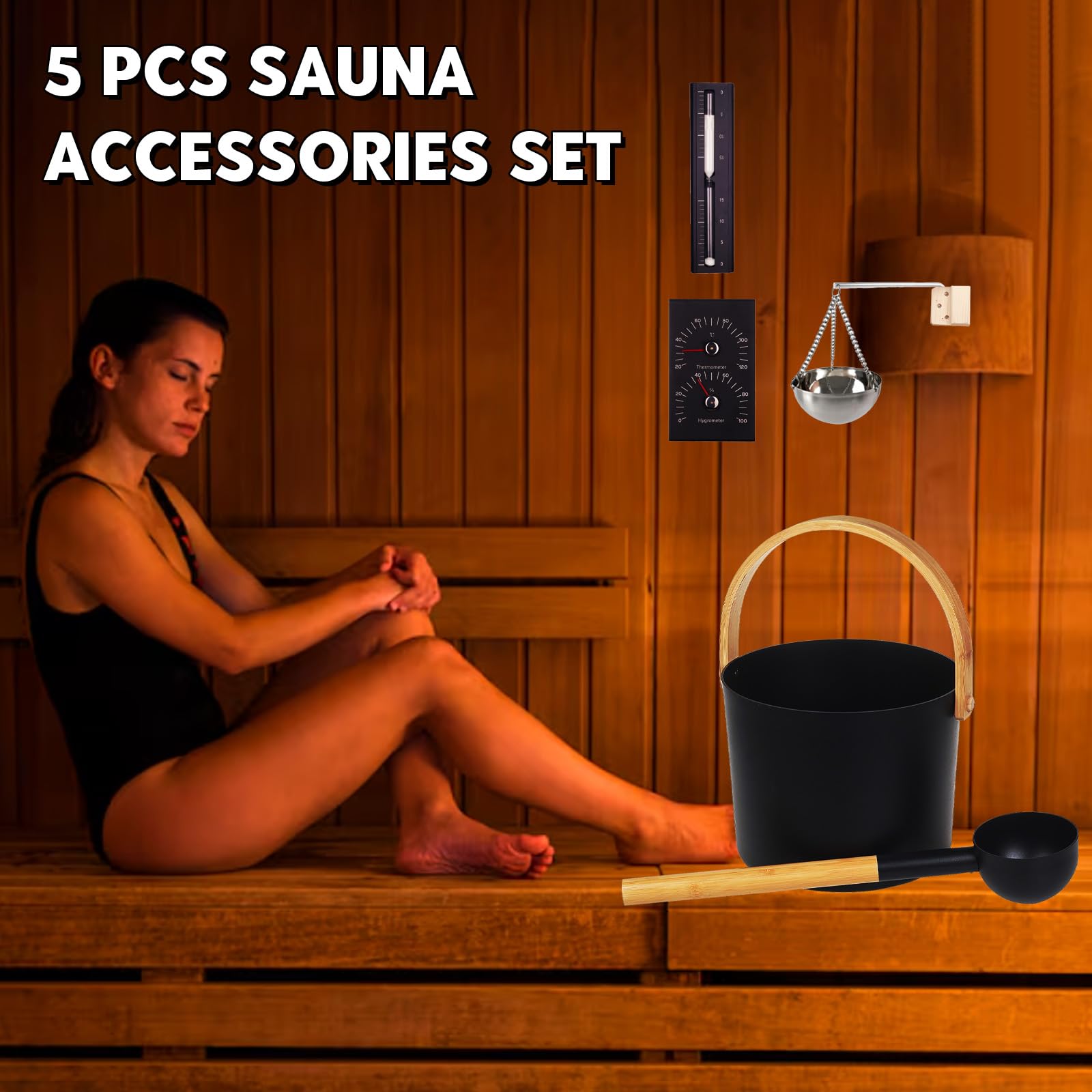 Saunakübel Set, 7L Aluminium Sauna Eimer mit Sanduhr, Saunaschale, Saunakelle, Thermo & Hygrometer, Sauna Zubehör Set Aufgusseimer Set für Badezimmer und Hotelbadewanne