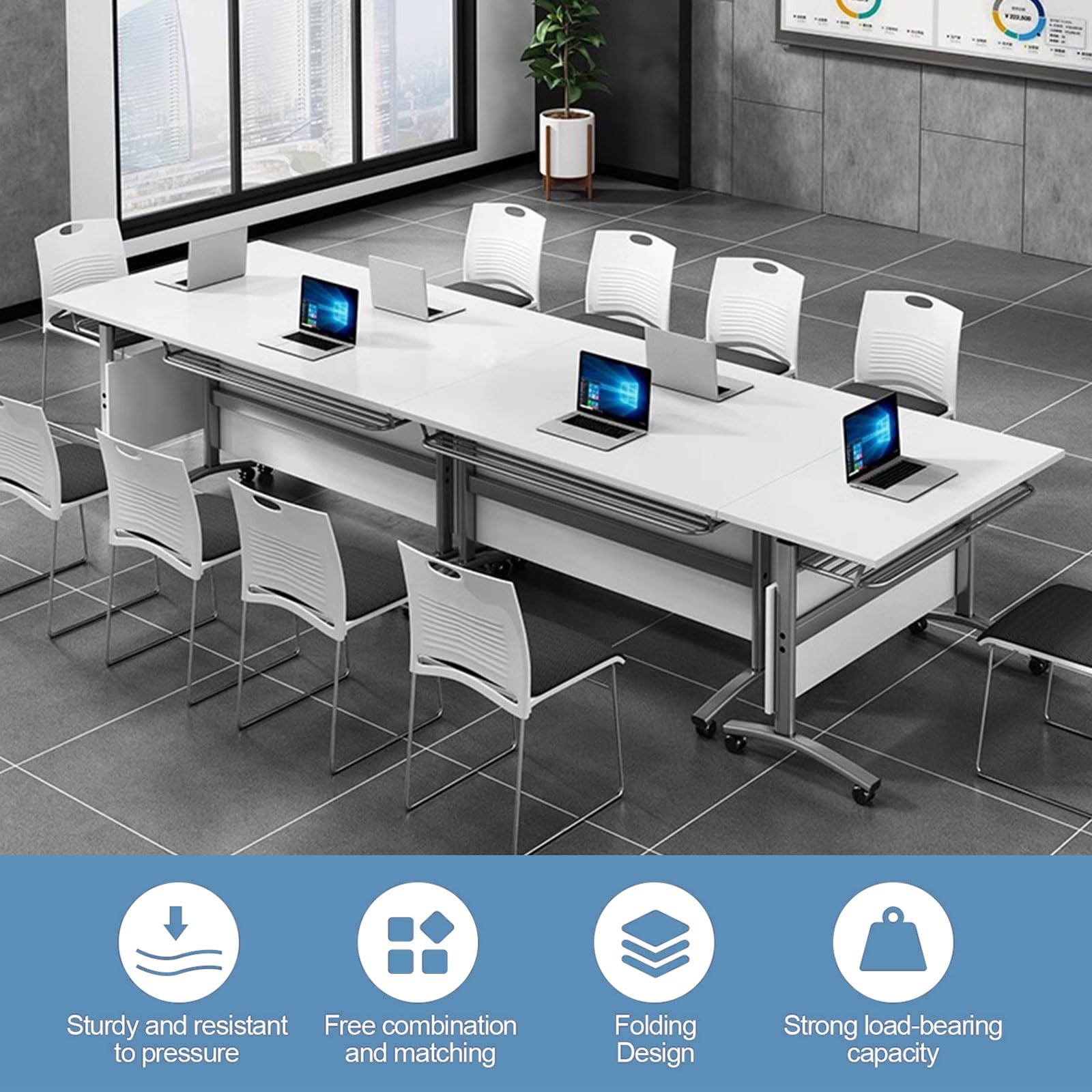 Tavolo da conferenza Pieghevole Moderno con Ruote, Rettangolare, Pieghevole e Mobile, Ideale per riunioni in Ufficio, Sale Formazione e aule Scolastiche.