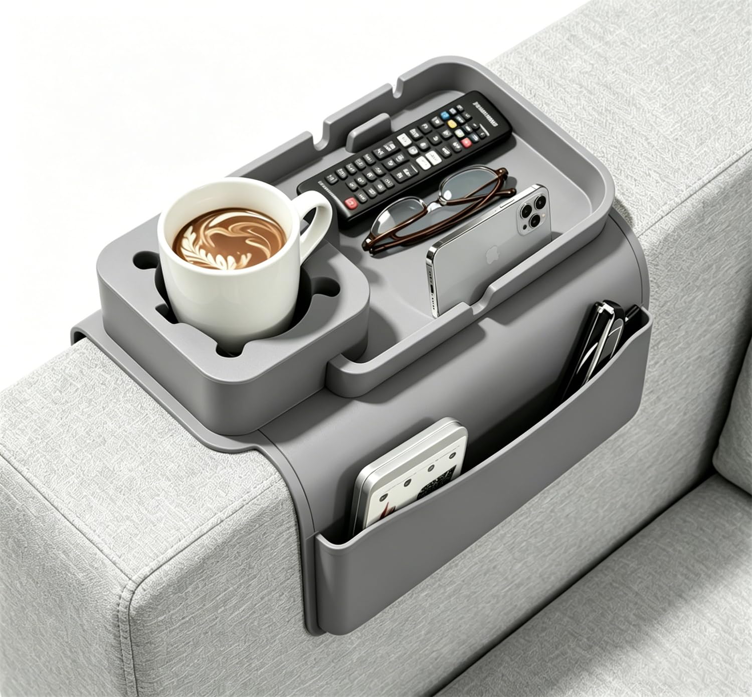 Silicone Sofa Arm Caddy with Extra Large Cup Holder & Phone Tablet Stand, Non-Slip Heatproof Armrest Organiser with Multi Pockets for Remotes, Drinks, Snacks & Glasses (Grey)