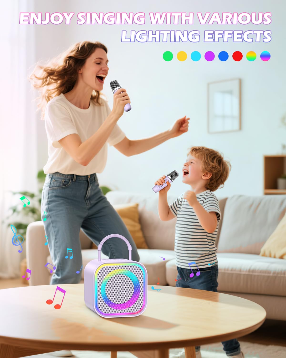 Mini máquina de karaoke, altavoz portátil de karaoke Bluetooth con 2 micrófonos inalámbricos, luces LED de fiesta, compatible con efectos de voz mágicos y entrada TF/AUX, para niños, adultos 6