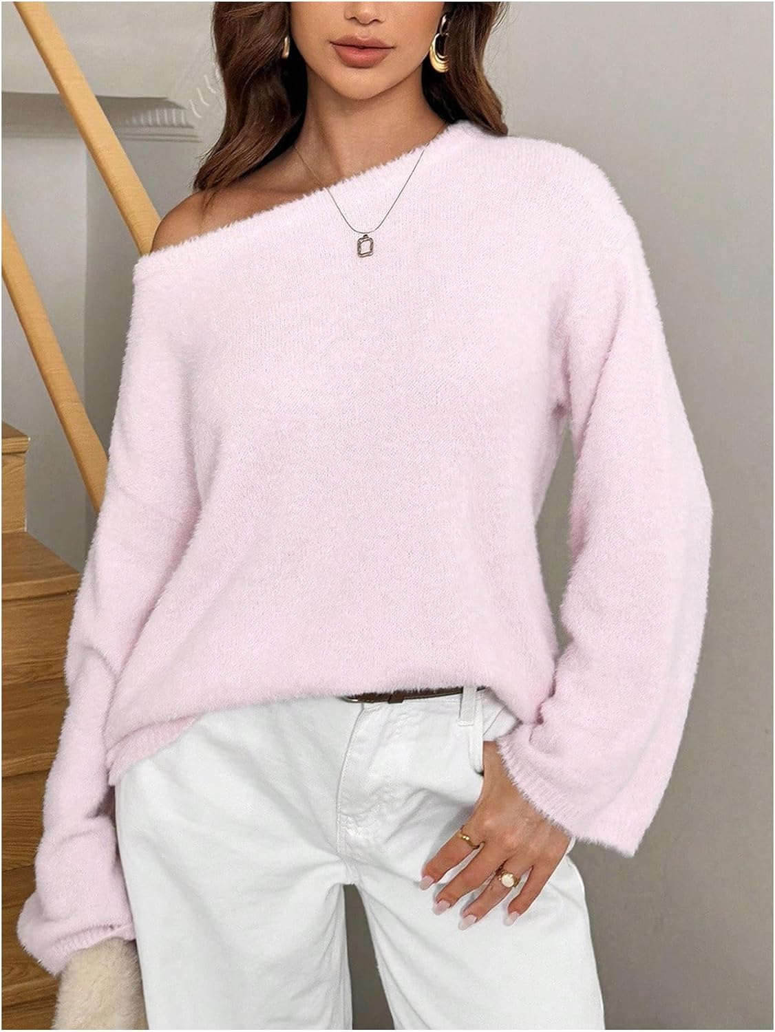 Verdusa Women's Cozy Off The Shoulder Sweater Fuzzy Knit Pullover Tops Fall Outfits
