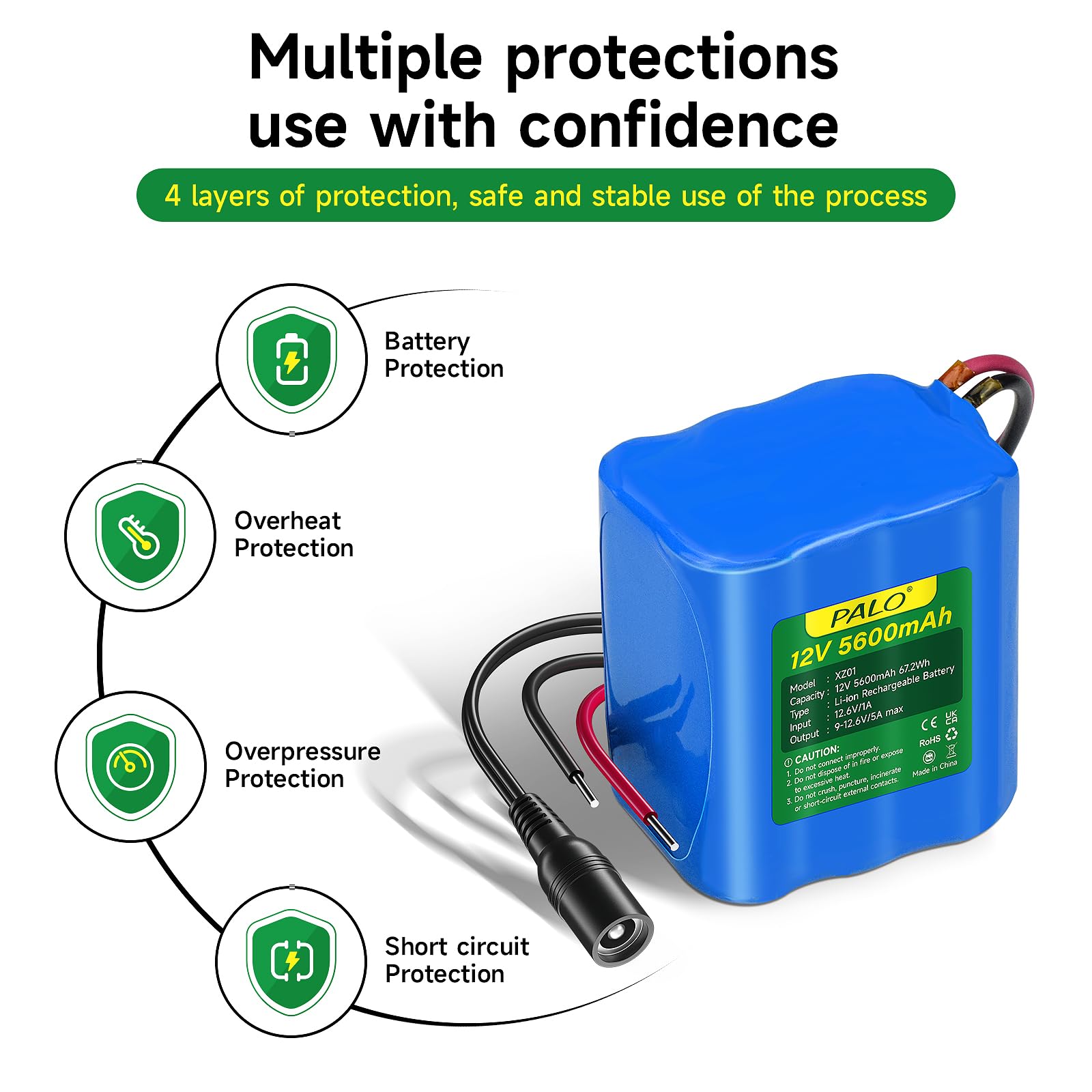 Batterie Lithium-ION 12 V 5600 mAh avec Chargeur et Ligne de Connexion pour Radio, appareils Photo, caméscopes, Orgue électronique, Lampe de Lecture DIY, télescopes, Sonar, Outil de Signal