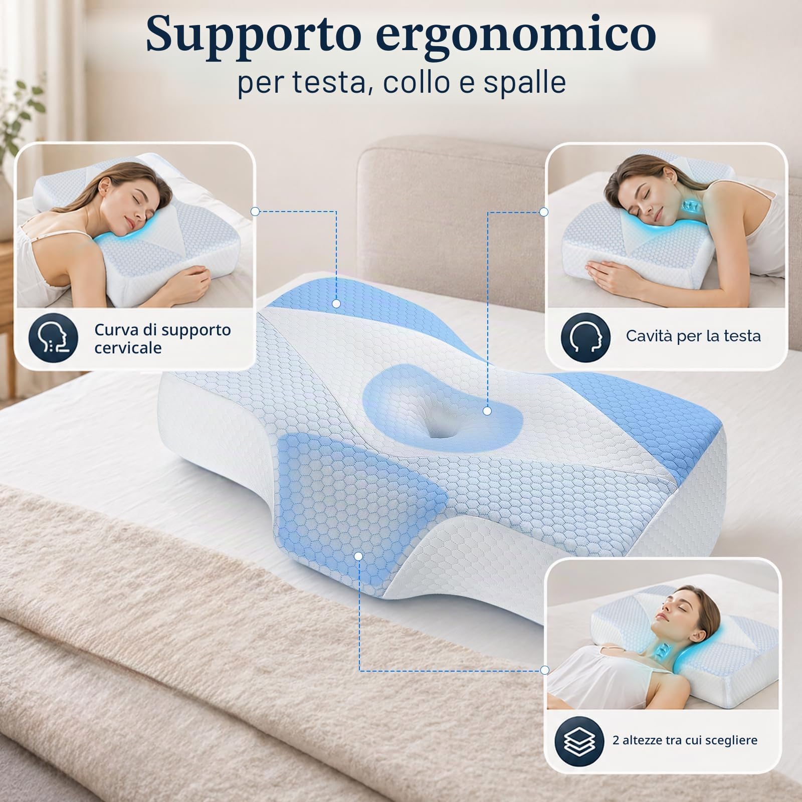 Cuscino cervicale in memory foam, cuscino ortopedico per il dolore al collo, cuscino ergonomico per il collo a 2 altezze, rivestimento lavabile rinfrescante, per chi dorme sul lato e sulla