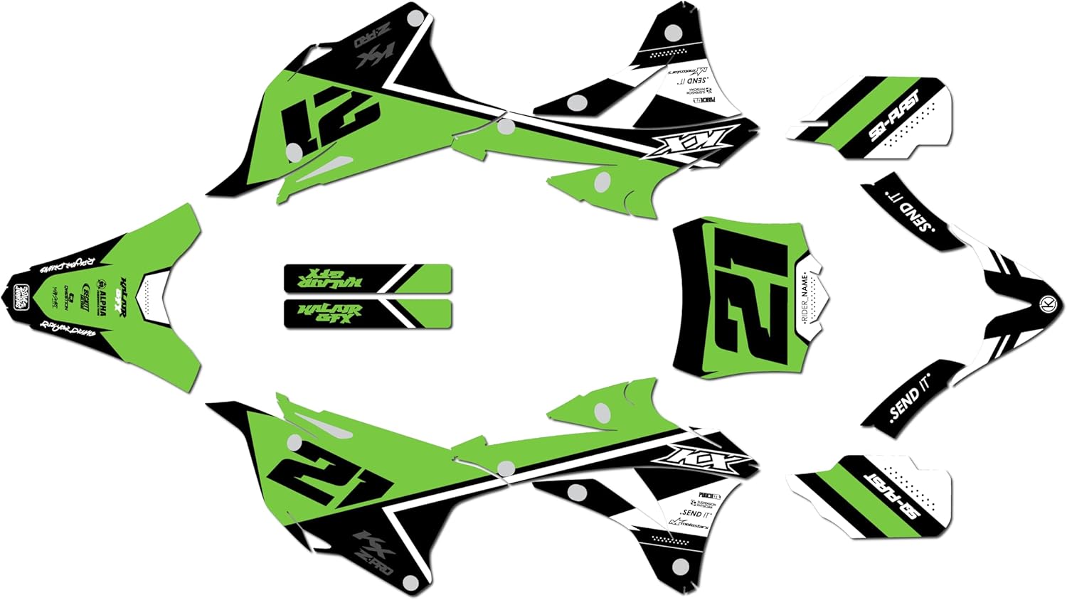 Graphics Kit for Kawasaki KX85 and KX100 (2014-2021) Enigma Series Green 9 Mil - Easy Go - Dirt Pit Bike Motorcycle Sticker, Dirtbike Racing Decal Motocross Accessories no-Plastics