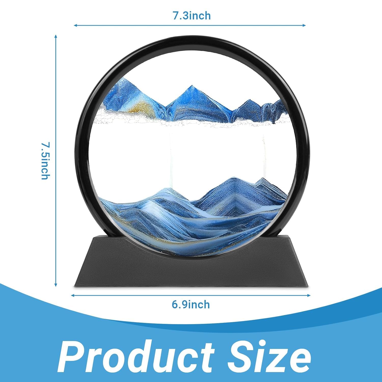 Evilia Ecom Moving Sand Art, 3D Liquid Motion Deep Sea Sandscape Color Quicksand Decor, Round Glass Flowing Circle Sand Art Sandscapes Picture, Relaxing Desktop Home Office Work Decor, 7 inch Blue 1