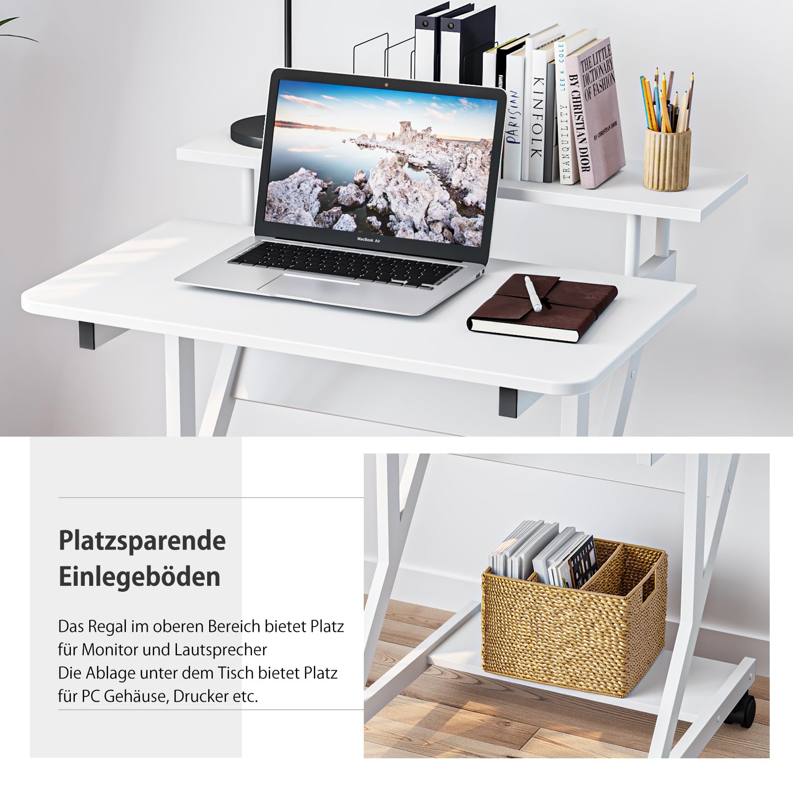 Dripex Computertisch mit Rollen Z-förmiger Schreibtisch, Mobiler Laptoptisch mit Regalen für kleine Räume, Home Office 70x60x73CM Weiß