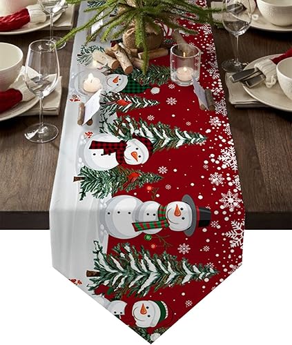 Z&L Home Camino de mesa de muñeco de nieve de Navidad, bufandas de algodón y lino, copos de nieve de invierno, para cena familiar, fiesta de