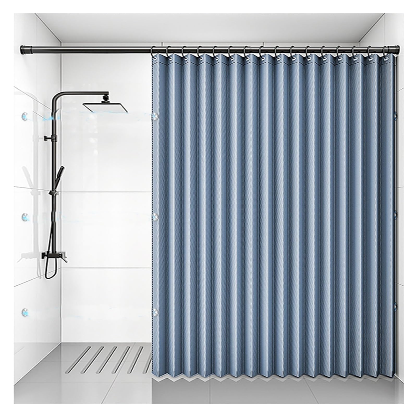 Cortina de ducha magnética impermeable Foldab azul que evita humedades instalándose sin taladro