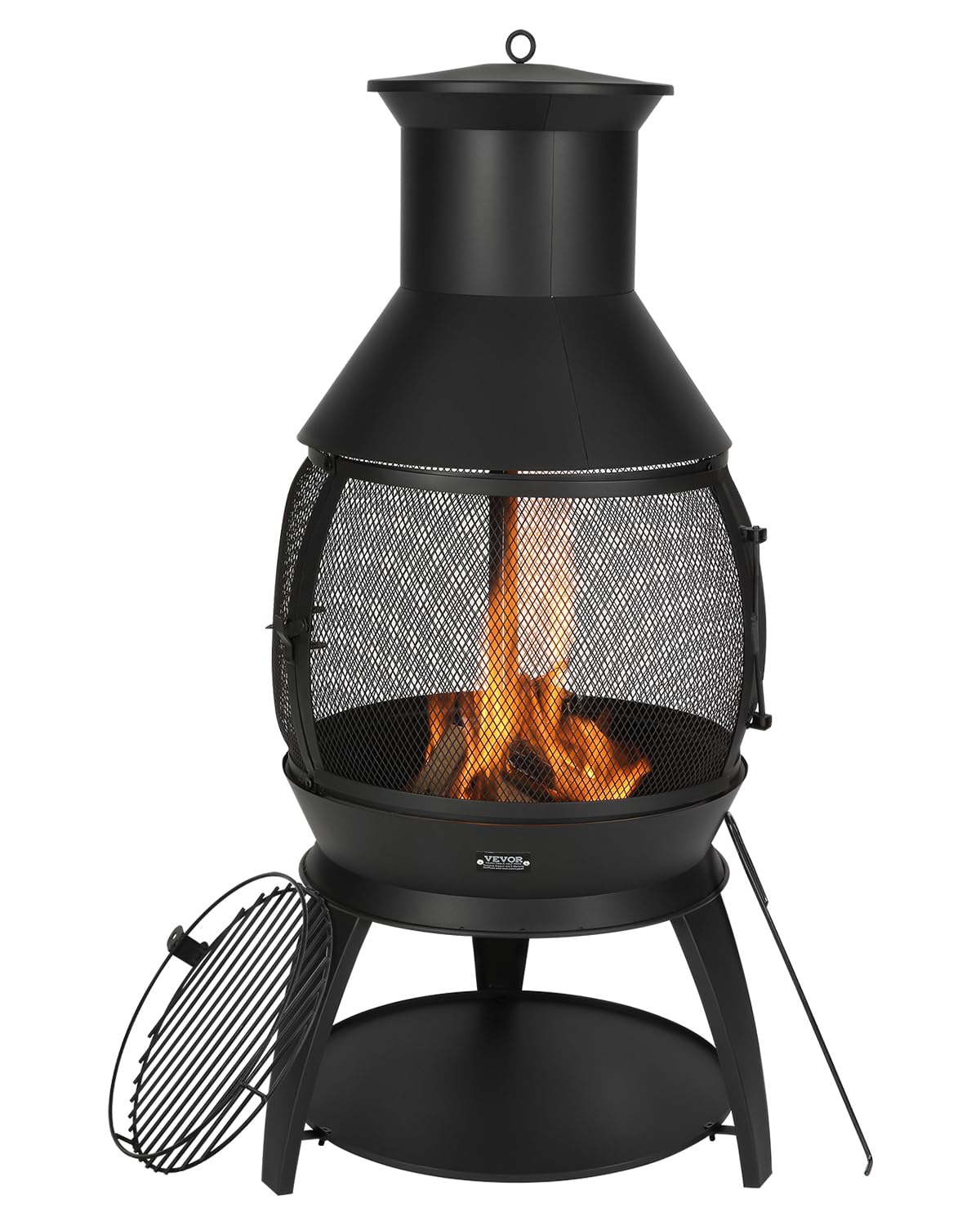 VEVOR Gartenkamin, φ500x1100mm Terrassenofen, Aztekenofen aus Eisen zum Grillen & Wärmen, Chimenea Feuerstelle mit Grillgitter, Kaminmantel & rostfreiem Kamindeckel, für Terrasse, Garten, Hinterhof