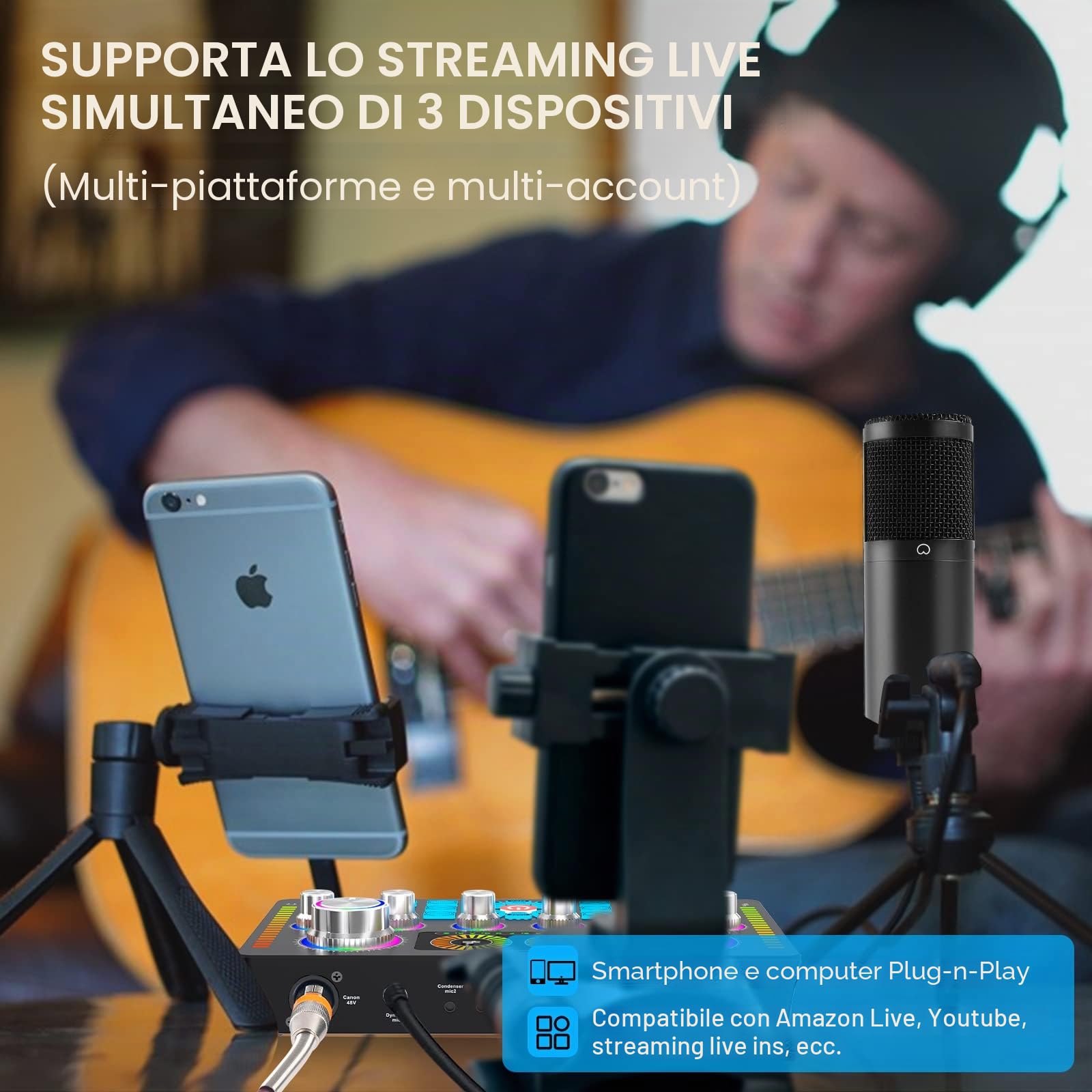 Pacchetto di apparecchiature podcast, interfaccia audio e microfono a condensatore XLR, apparecchiature da studio con alimentazione phantom 48V, Bluetooth per podcast (Scheda audio + microfono)