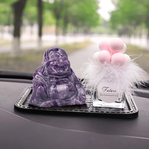 Miniatura 5 de Artistone Estatua de Buda de cristal de amatista de 2 pulgadas tallada a mano, bolsillo sentado Maitreya Laughing Happy Buddha, figura de piedra
