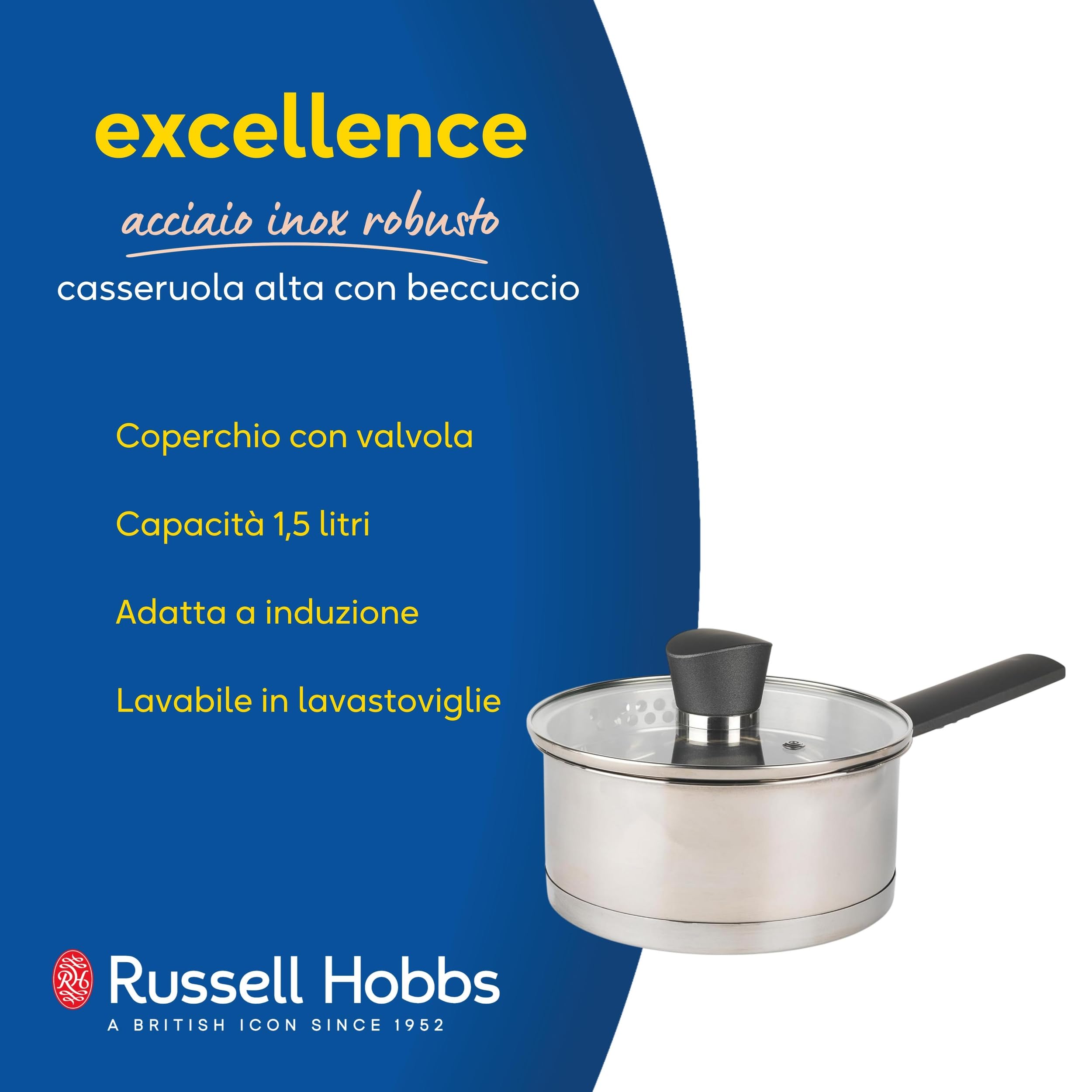 Russell Hobbs RH01162EU Excellence Collection pentola da 16cm con coperchio in vetro, acciaio inox, finitura lucida a specchio, compatibile a induzione, lavabile in lavastoviglie