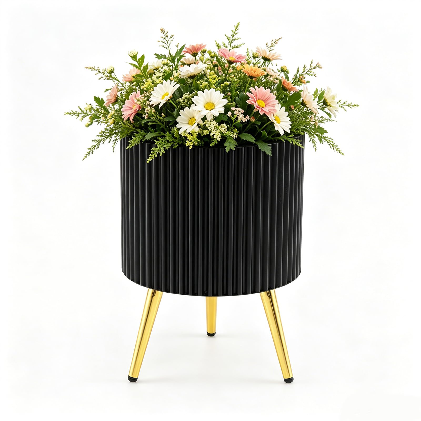 Pot de fleur extérieur noir texturé grand pot plante trépied doré trou drainage