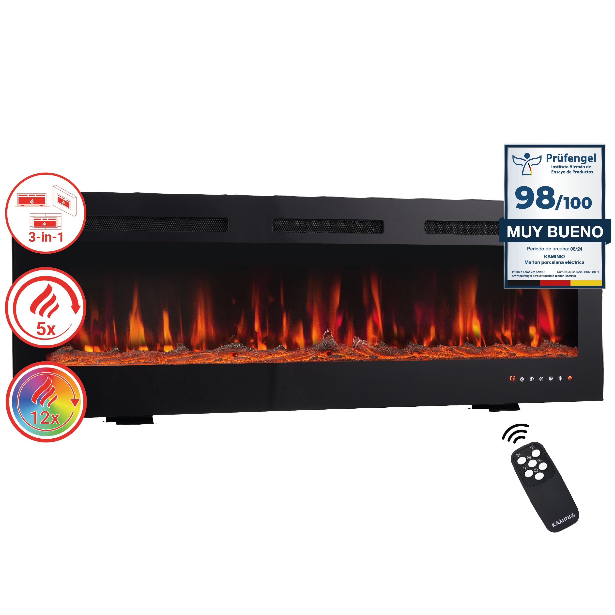 KAMINIO Eléctrica Chimenea Marlon - Chimenea eléctrica 3 en 1 con calefacción, Efecto de Llama 3D, 12 Colores de Llama, Control Remoto (42 Pulgada)