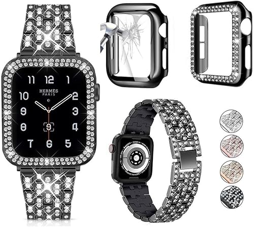 Miniatura 8 de JOHIPI Correa de reloj unisex, 1.575 pulgadas, acero inoxidable, diamantes de imitación, vidrio templado protector, adecuado para Apple Watch de
