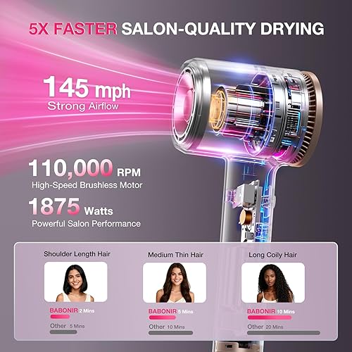 Miniatura 2 de Secador de pelo de alta velocidad de 1875 W, secador de soplado iónico y de plasma, Compact Pro 110000 RPM de secado rápido con concentrador difusor