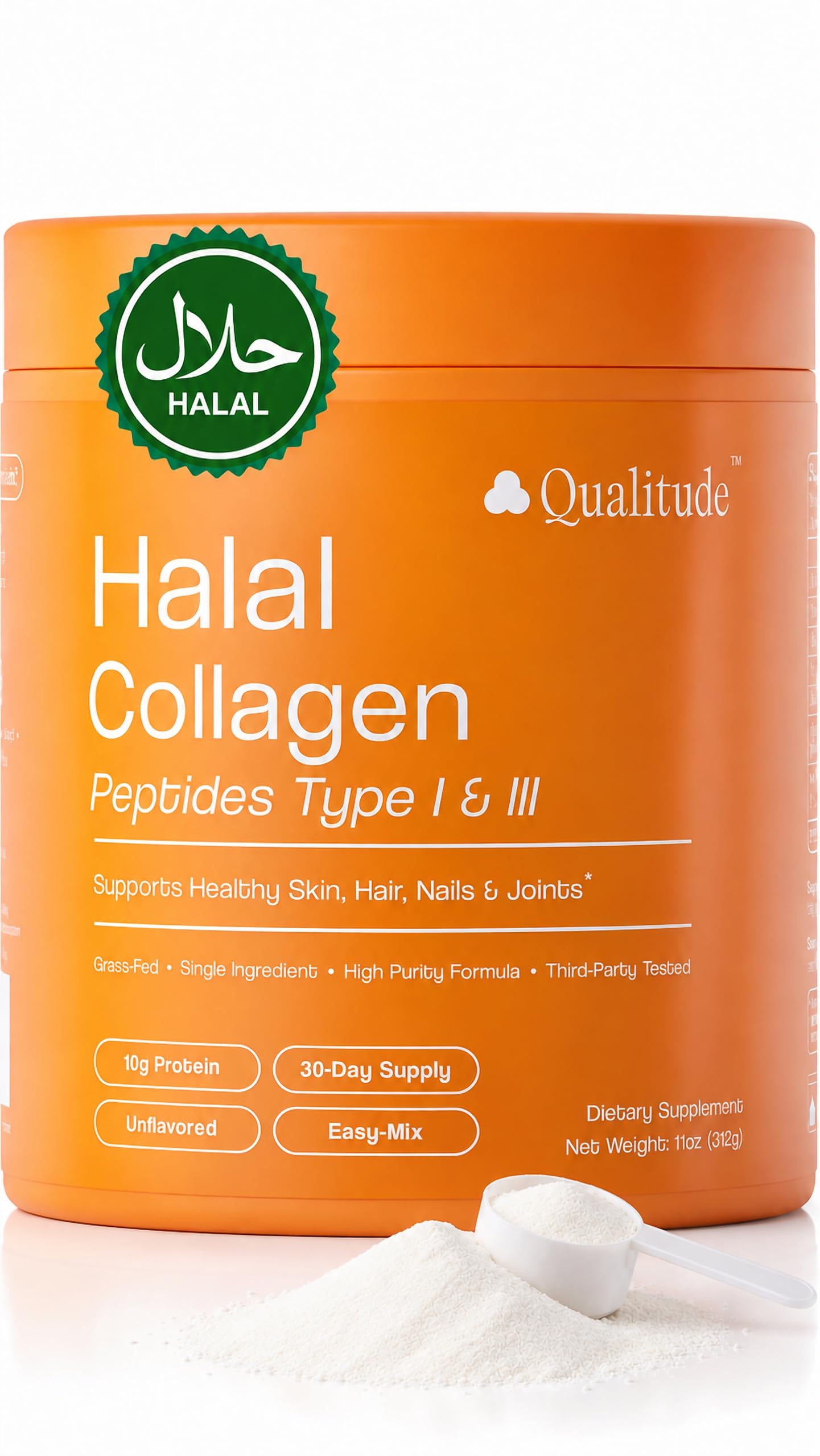 QUALITUDE Halal Collagen Peptides Powder 11oz Grass-Fed Bovine Type I & III