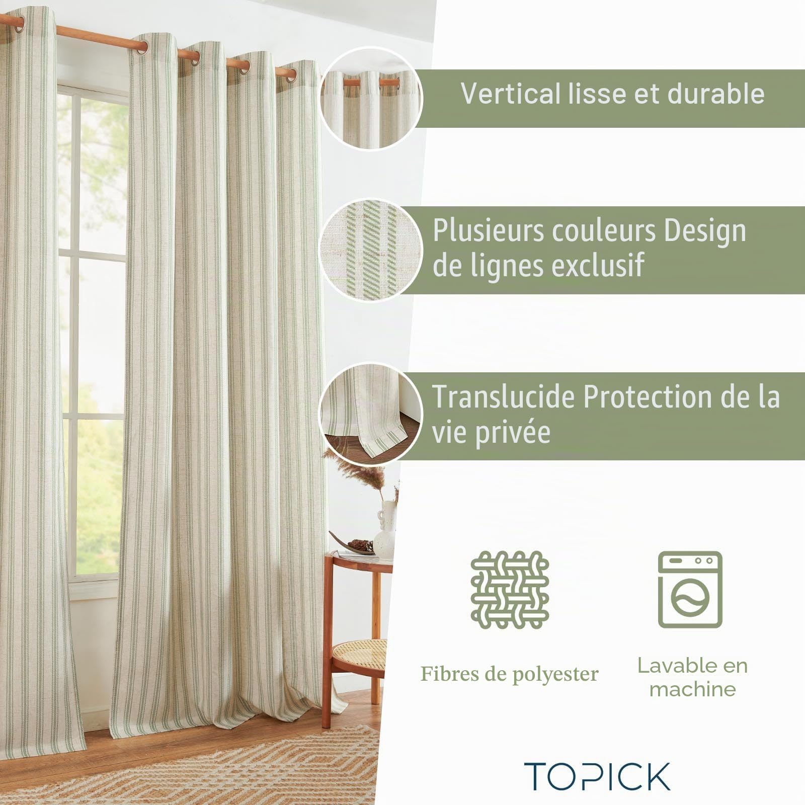 TOPICK Rideaux Salon Fenetre Draperies Moderne Vintage Ligne Vert sur Beige 130L X 245H cm, Rideau Lin Naturel avec Oeillets, Semi Transparent pour Salon Chambre Adult Porte Petite Fenetre Lot de 2