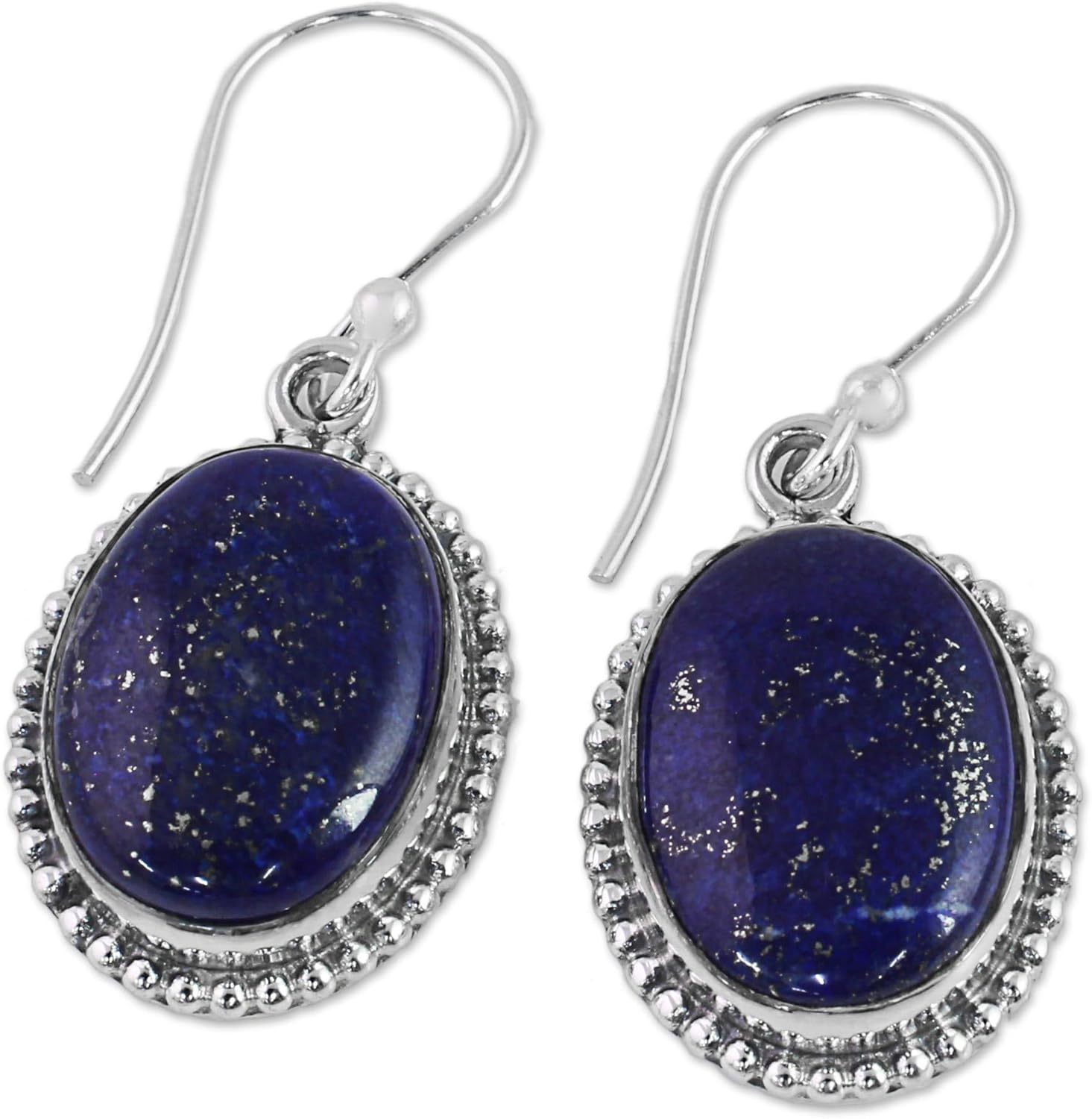 NOVICA Artisan Handmade Lapis Lazuli Dangle Earrings with Gold Colored Flecks Sterling Silver Blue Tone India Riverside Gemstone Birthstone [1.4 in L x 0.6 in W x 0.2 in D] ' Blue Royalty'