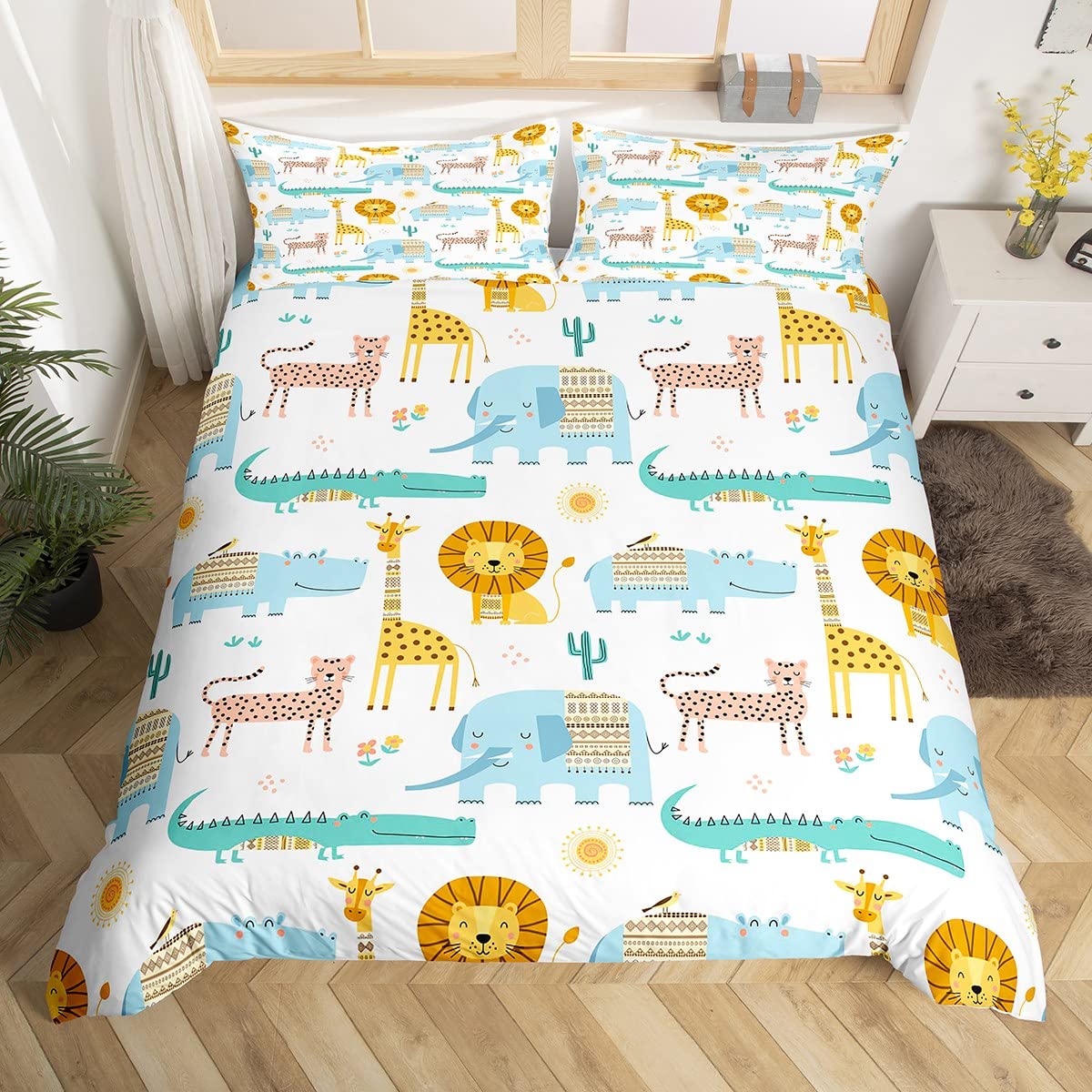 Homemissing Cartoon Wild Animals Print Duvet Cover Junior/Cot Bed Size for Kids Boys Teens, Giraffe Hippo Crocodile Lion Bedding Set Nature Wildlife Kids Elephant Giraffe Comforter Cover Room Decor