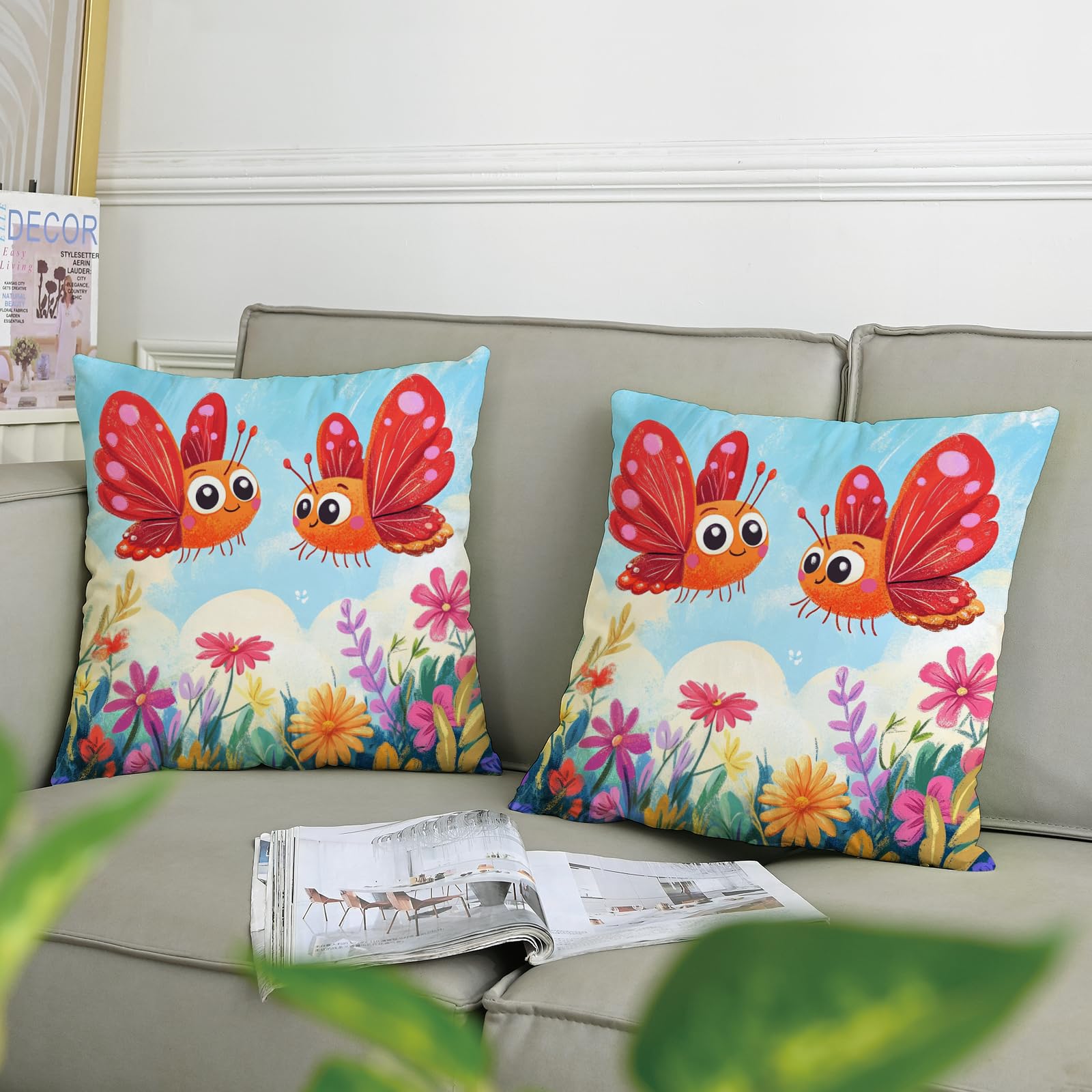 GDHBLING Cartoon Kids Butterflies Throw Pillow Covers 18x18 Set of 2, Soft Cute Spring Anime Pillow Cases Kit with Zipper, Fun Funny Velvet Decor for Couch Sofa Living Room Bed