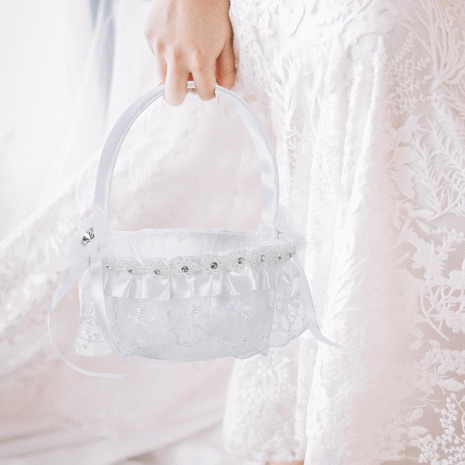 Lace Flower Girl Basket with Handle Small Rustic Handheld Flower Petal Basket for Wedding Ceremony Party Supplies