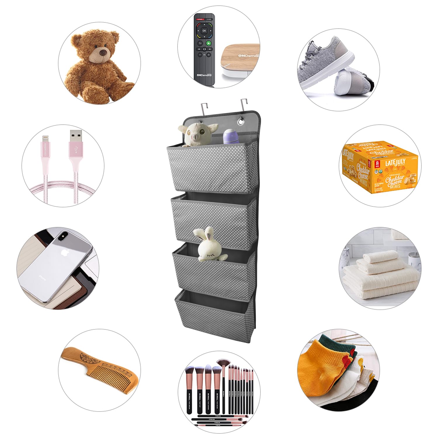 ZONJIE Organizer Appendibile Sopra La Porta, 5 Ripiani + 10 Tasche Laterali In Rete, Grigio, 140x39x17 Cm, Con 3 Ganci Metallici Regolabili, Per Cameretta, Bagno, Cucina