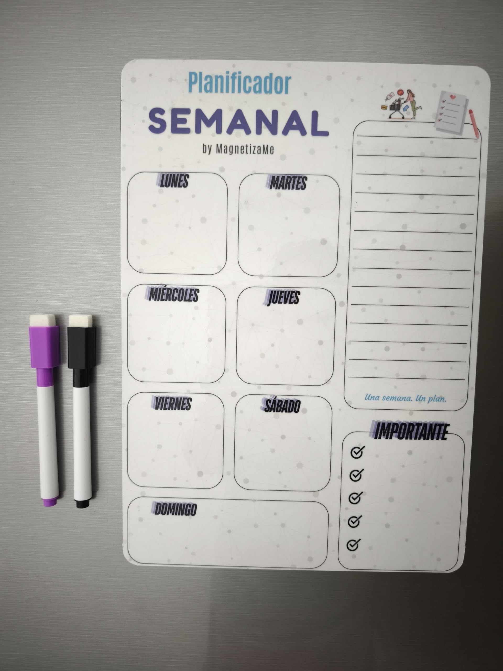Planificador Semanal Magnético para Nevera – Pizarra Reutilizable Dry-Erase (29,7 × 21 cm aprox. A4) + 2 Rotuladores con Imán y Borrador – Organización de Menús, Tareas y Eventos