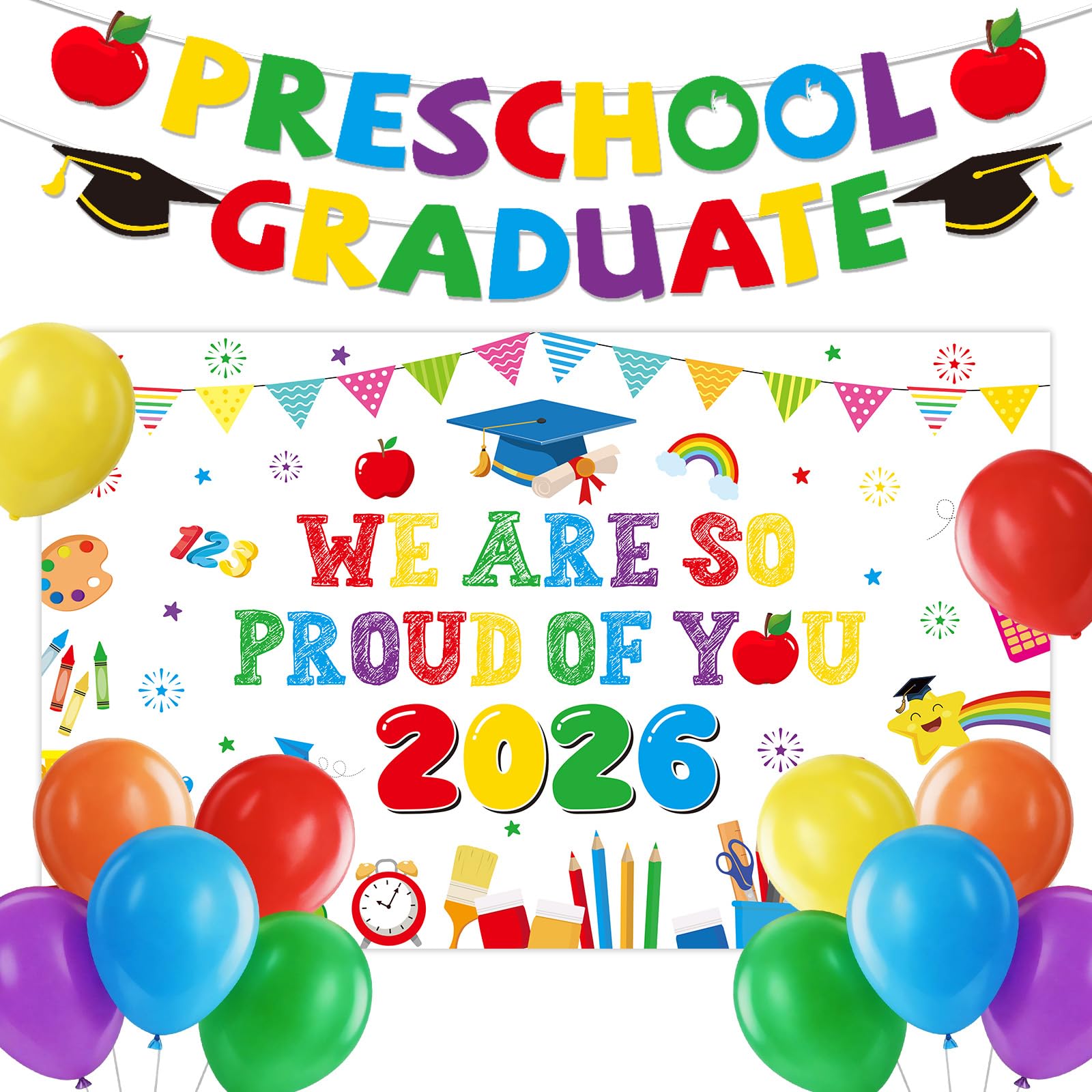 Luvart Preschool Graduation 2026 Party Decorations - 15 Pcs Preschool Class of 2026 Graduation Banner Balloons with We Are So Proud of You Backdrop for Pre K Congrats Grad Party Decorations