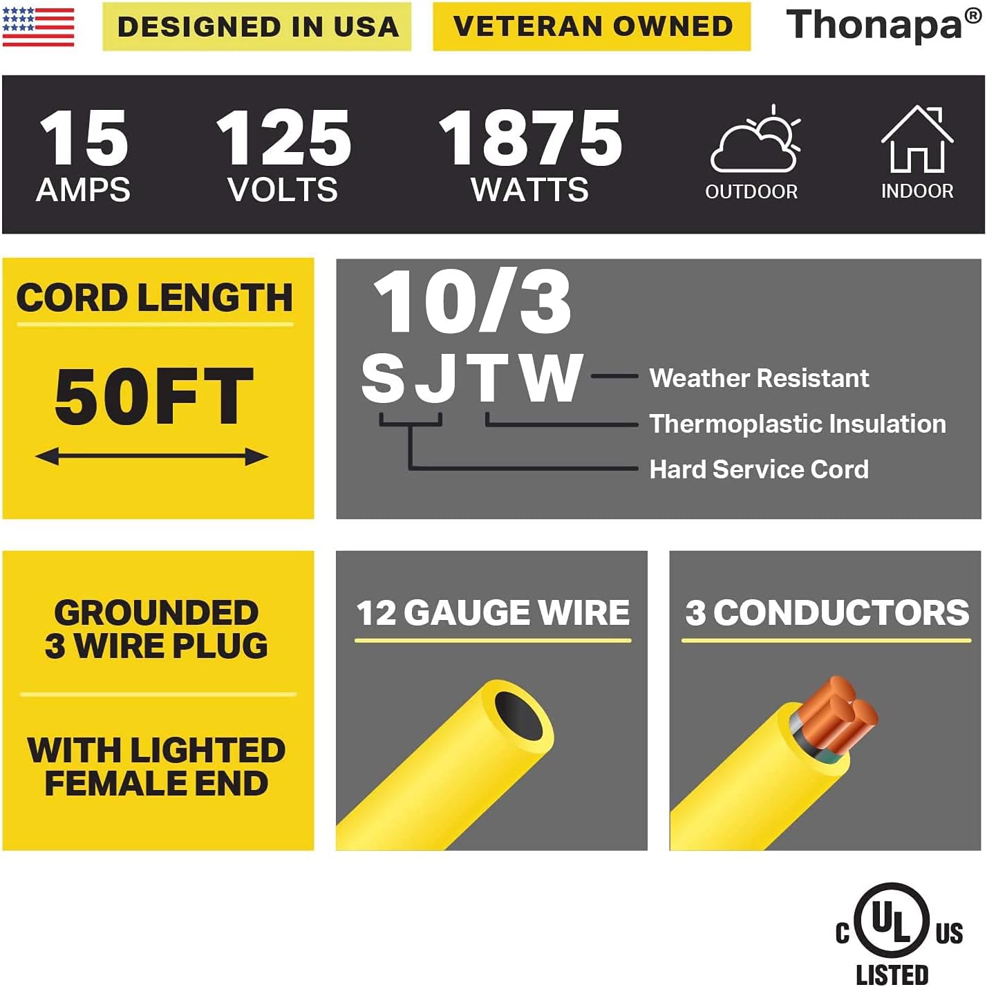 Thonapa 10 Gauge Extension Cord 50 ft, Weatherproof Heavy Duty Outdoor Extension Cord 10 AWG 50’, SJTW 3 Prong Lighted Plug 10/3 Yellow Cable 15 Amp, Great for Major Appliances & Garden Tools