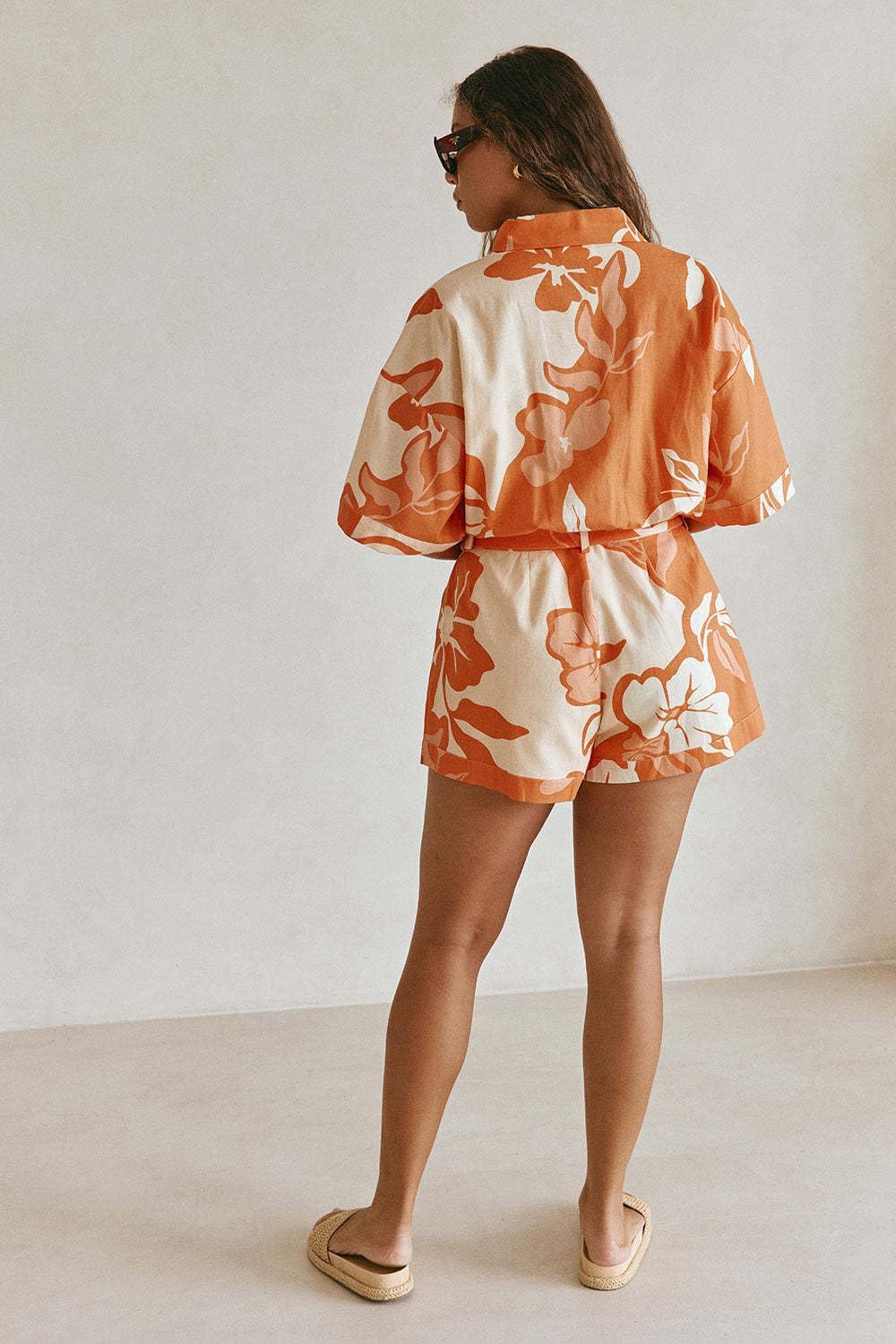Short Rompers for Women Boho Print Short Sleeve Lapel Button Down Shorts Romper with Pockets Casual