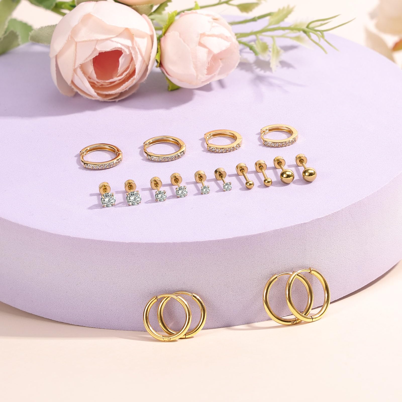 Vicloon Orecchini Acciaio Chirurgico, 9 Paia Set di Orecchini a Bottonecon Retro Piatto Orecchini a Cerchio Cartilagine Ipoallergenica Cartilagine Helix Piercing Orecchio Set Orecchini Donna