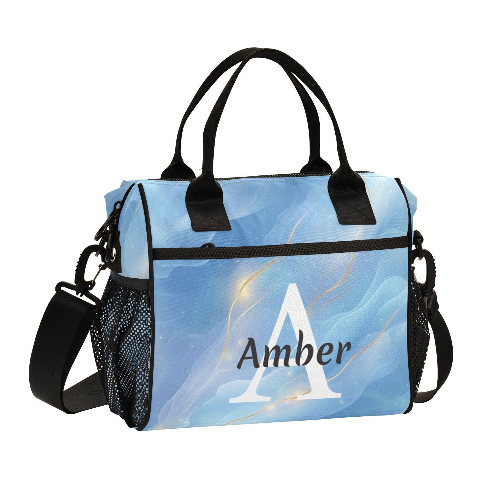 IHCVHQX Custom Lunch Bag for Boys Girls Men Women Blue Gold Sparkle Marble Personalized Insulated Lunch Box with Name Reusable Lunch Tote Bag for Work