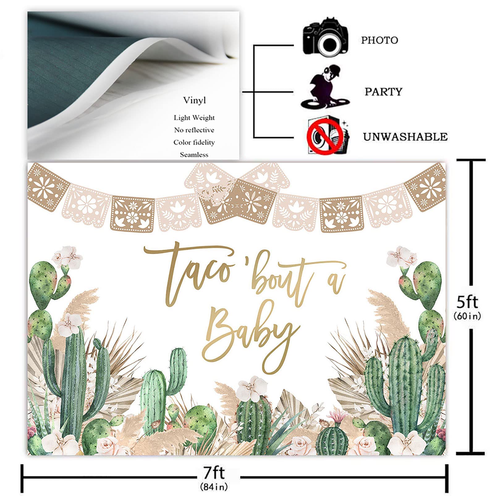 Avezano Taco 'Bout A Baby Fiesta Party Decoration Photography Background Cactus Taco Pampas Grass Gender Neutral Baby Shower Backdrops Photoshoot (7x5ft)