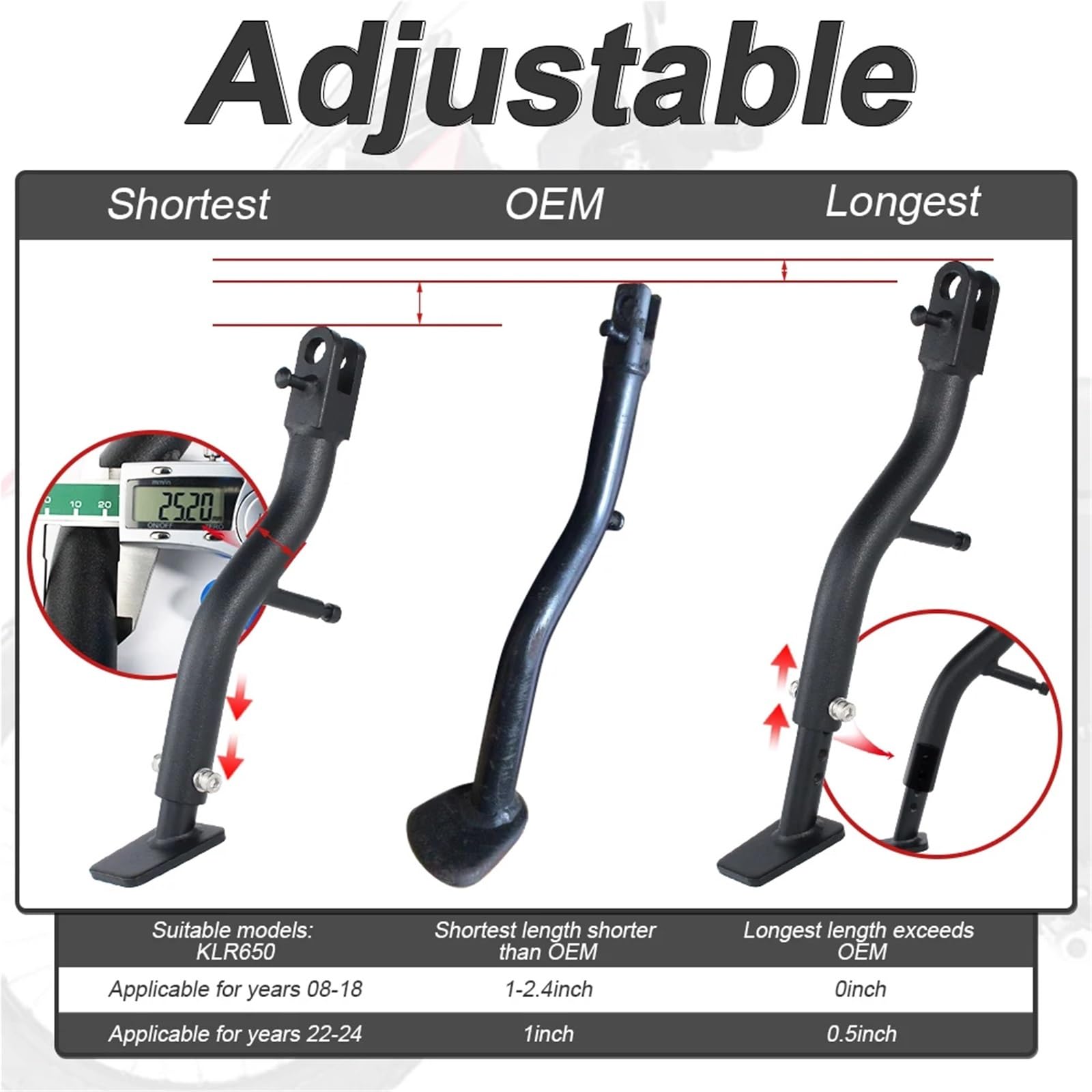 Misura for KLR650 2008-2018 2022-2025 Avventura/Viaggiatore Moto Piede regolabile Cavalletto laterale Cavalletto Staffa di parcheggio