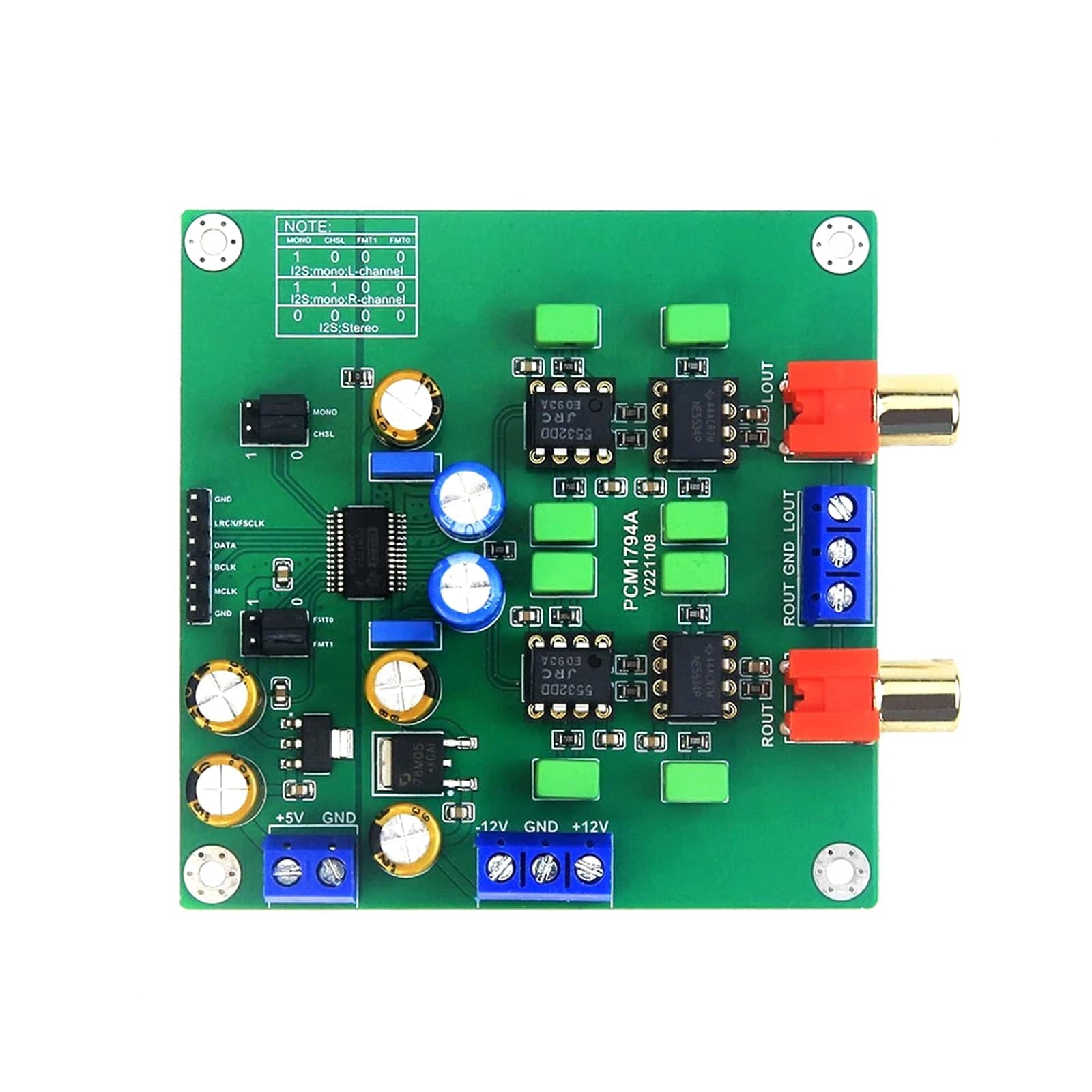 Stereo Audiomodulplatine, I2S Fünfdrahtverbindung, PCM 24 Bit 192 kHz, 102 SNR, 0, 0008% THD+N, +5 V und ±12 V Leistungsanforderungen für den Installationsausgang Separater Stromkreis für die der