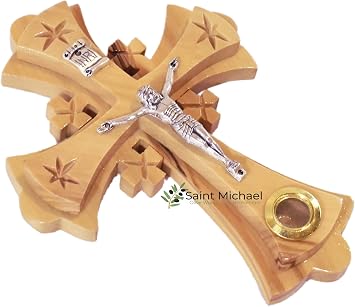 Generic Jerusalem Olive Wood Cross Two Layers -Wooden Wall Hanging Cross Olive Wood Holy Land Crucifix -5 inch with Glass of Incense