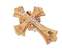 Generic Jerusalem Olive Wood Cross Two Layers -Wooden Wall Hanging Cross Olive Wood Holy Land Crucifix -5 inch with Glass of Incense