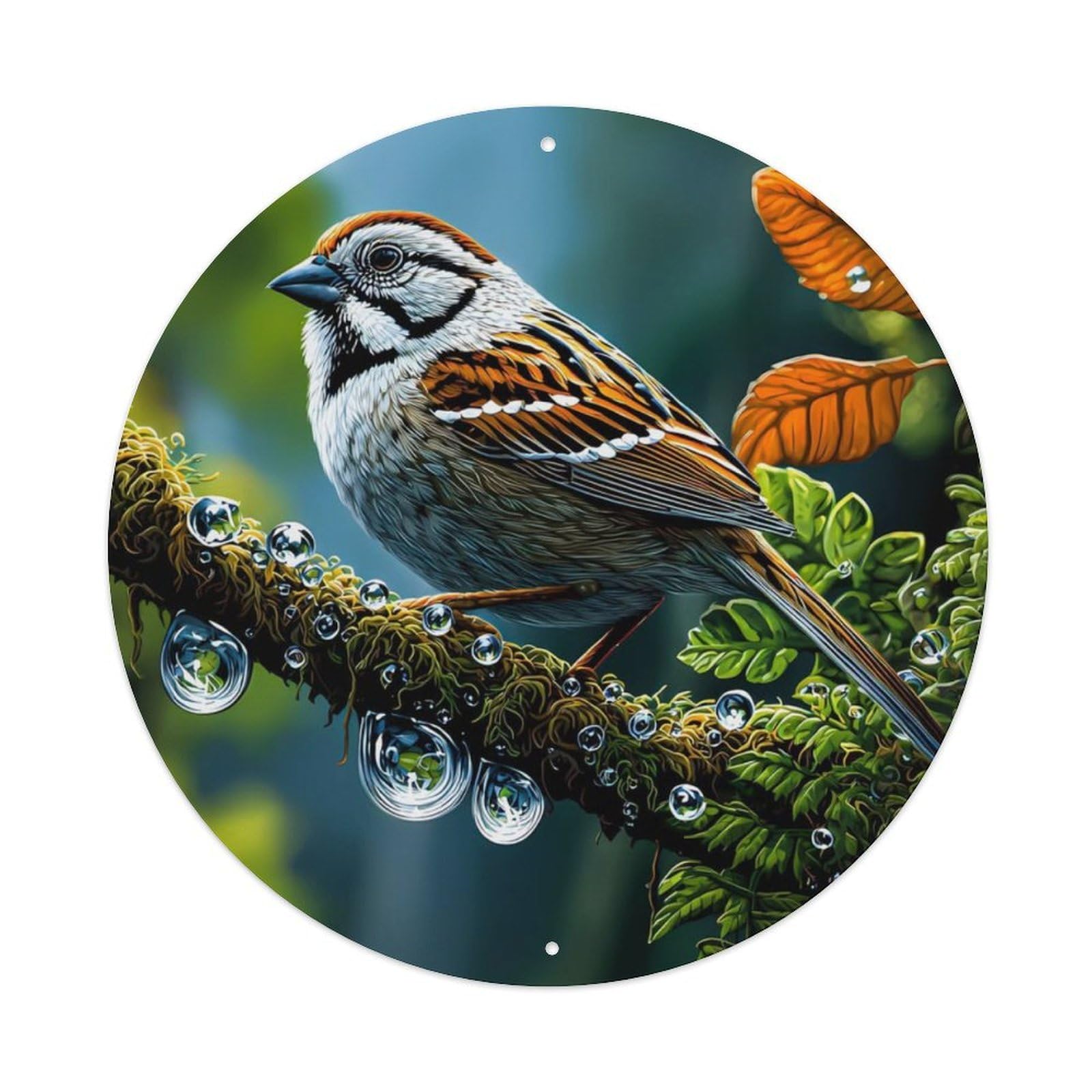 Animal Tree Sparrow Rainy Forest Moss Branch Water Drop Nature Scenery Vintage Metal Tin Sign Plaque Wall Decor for Cafe, Club Bar, Office, Garden Metal Poster 8x8Inch