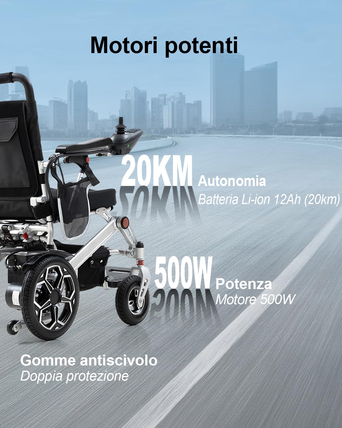 D10 Sedia a Rotelle Elettrica Pieghevole per Adulti, Potente Motore 500W, Batteria al Litio Rimovibile 12Ah, Autonomia 20KM, Telaio in Lega di Alluminio Rinforzata, Portata 150KG, Aereo approvato